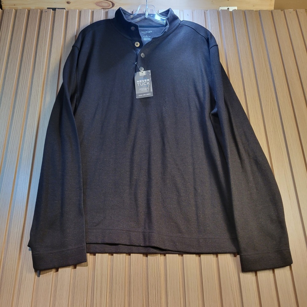 Van Heusen Never Tuck Mens Large Black Long Sleeve 4-Button Mock Neck Shirt